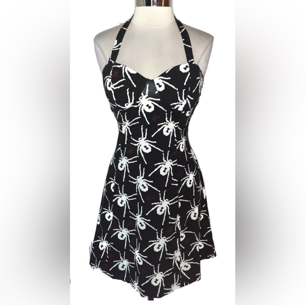 ❌SOLD❌ NWT [Betsey Johnson] Stretchy Black & White Spider Halter Dress Women’s L - Picture 5 of 11